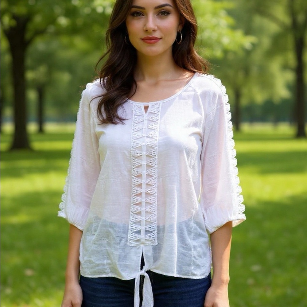Fyve  Elegant White Lace Trim Blouse